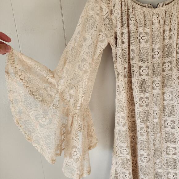 Boho Lace Neutral Western Judith March Bell Sleeve Mini Dress Medium - Picture 2 of 10